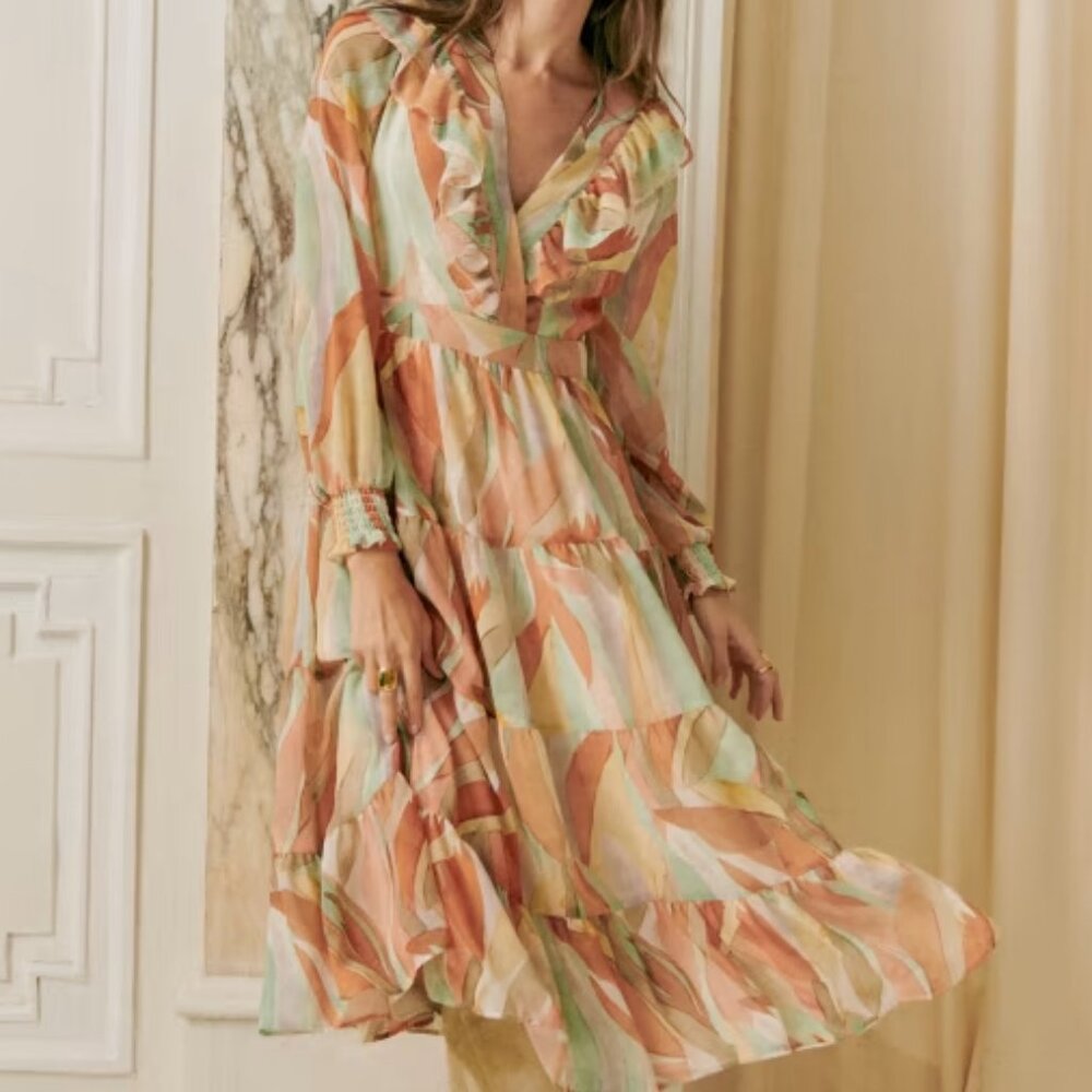 NEW NWT! SEZANE ANDREANNE SHEER CREPE LEAVES RUFFLE TIERED DRESS V-NECK sz 6